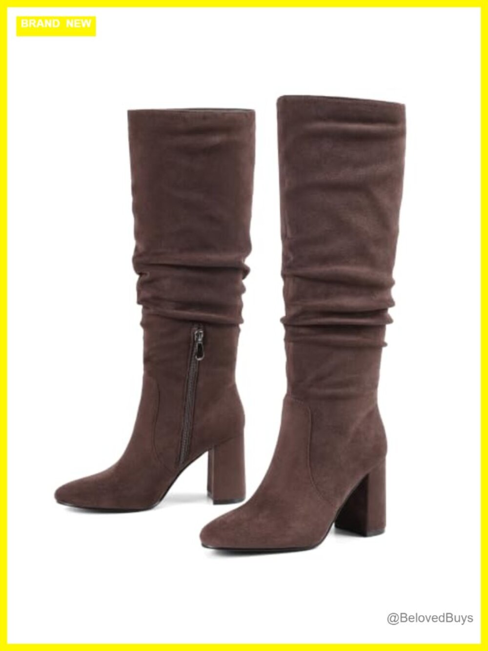 Knee High Boots Pointed Toe Faux Suede Slouchy Block Heel Side Zip